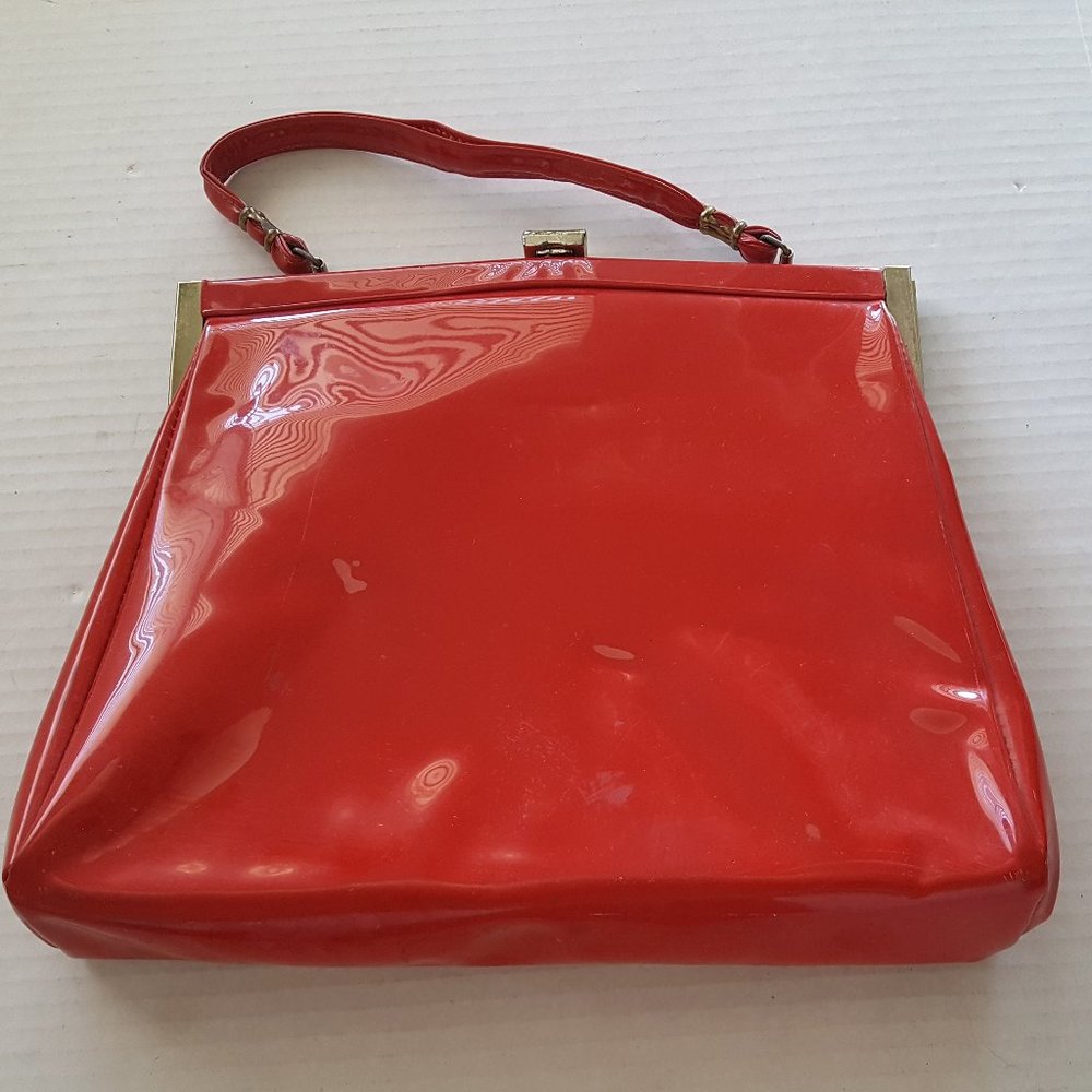 Vintage Large Shiny RED Patent Snap Handbag Purse w/ Strap Mid Century Modern